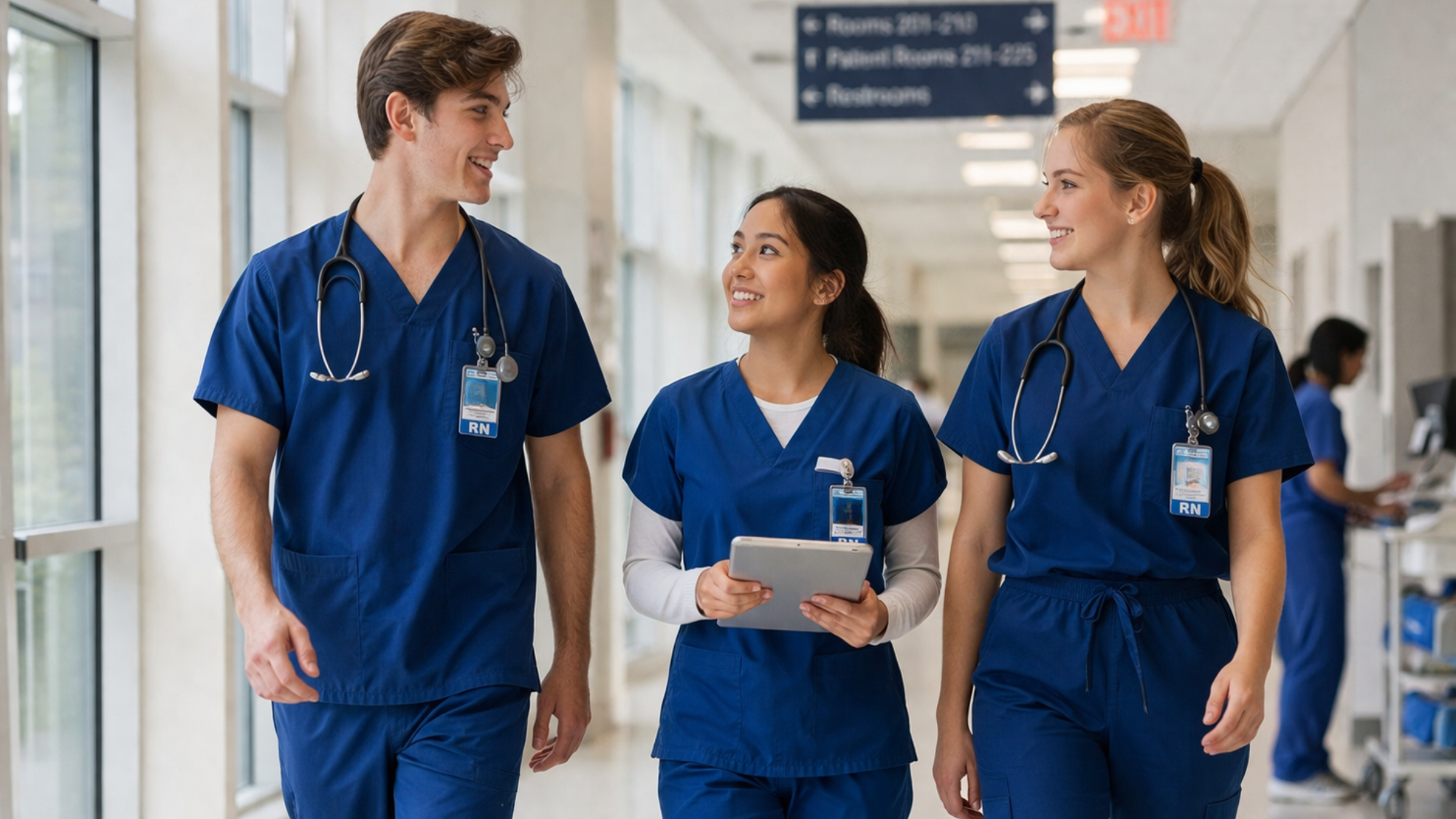 RNs walking down a facility hallway in blue scrubs
