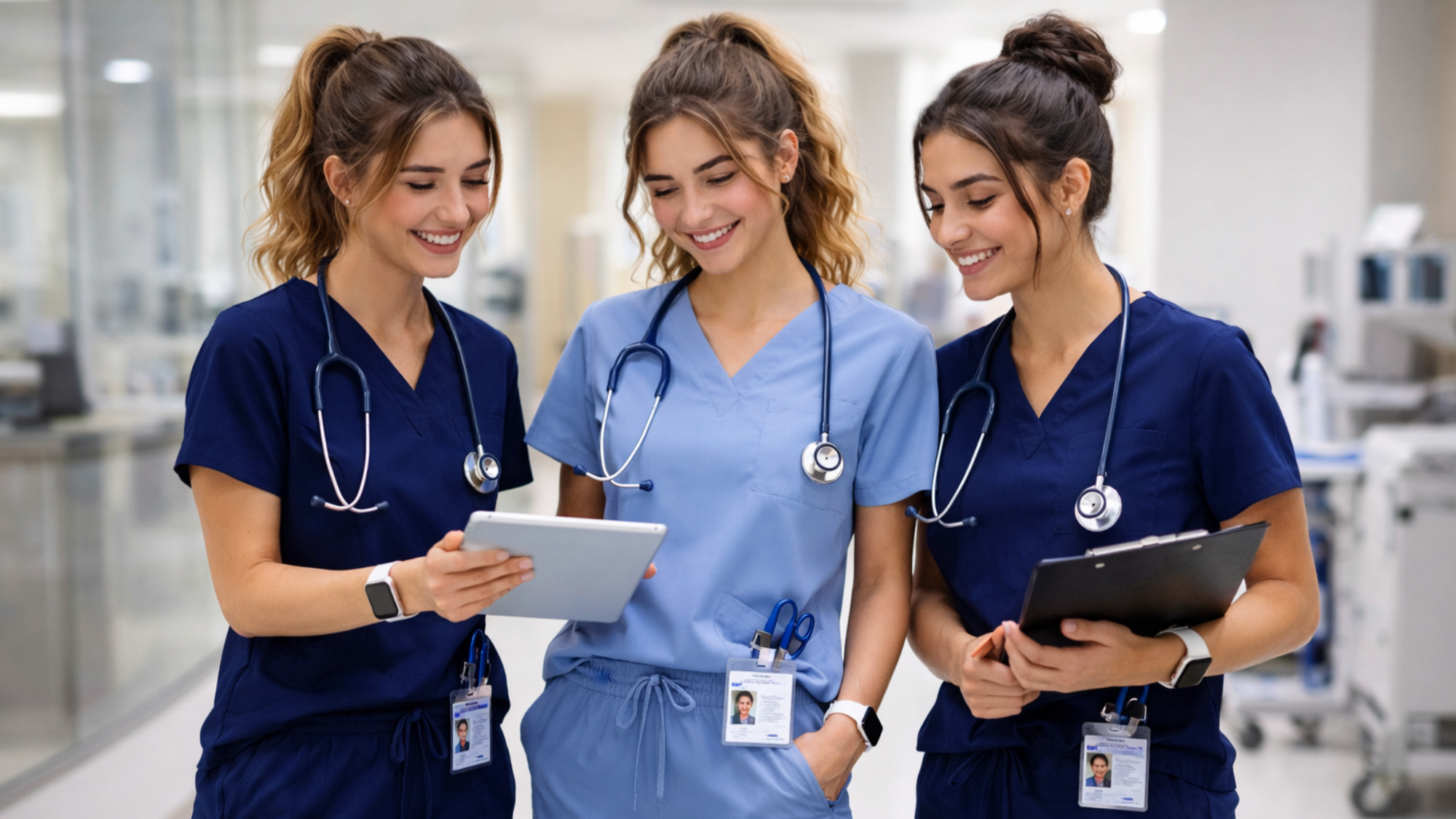 Three female nurses standing, smiling together - healthcare recruitment strategies/how to recruit the perfect candidate