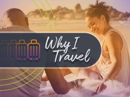 A travel nurse sits on the beach with a friend. An orange/purple filter and the words 'Why I Travel" sit over their image and include a suitcase icon.