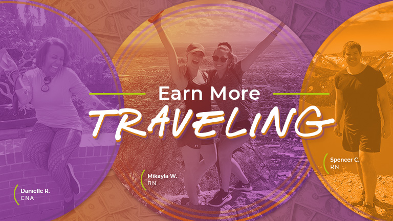text reading earn more traveling over purple and yellow overlayed picture of two women with arms raised standing outdoors