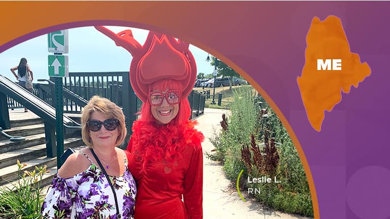 A woman in a lobster costume in Maine