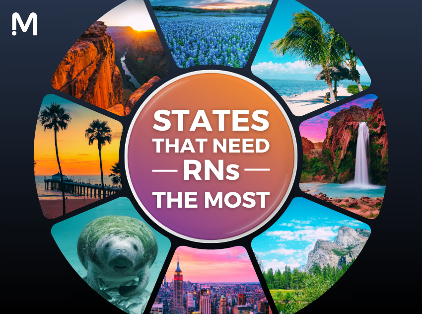 Circle that says States that Need RNs the Most surrounded by pictures of water and beaches