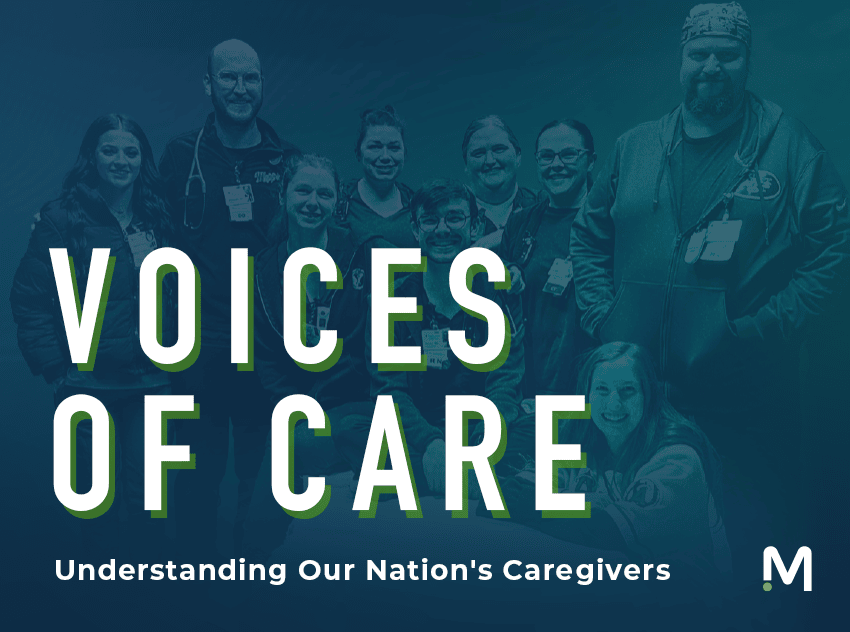 image of nurses with blue overlay and text saying voices of care understanding our nation's caregivers