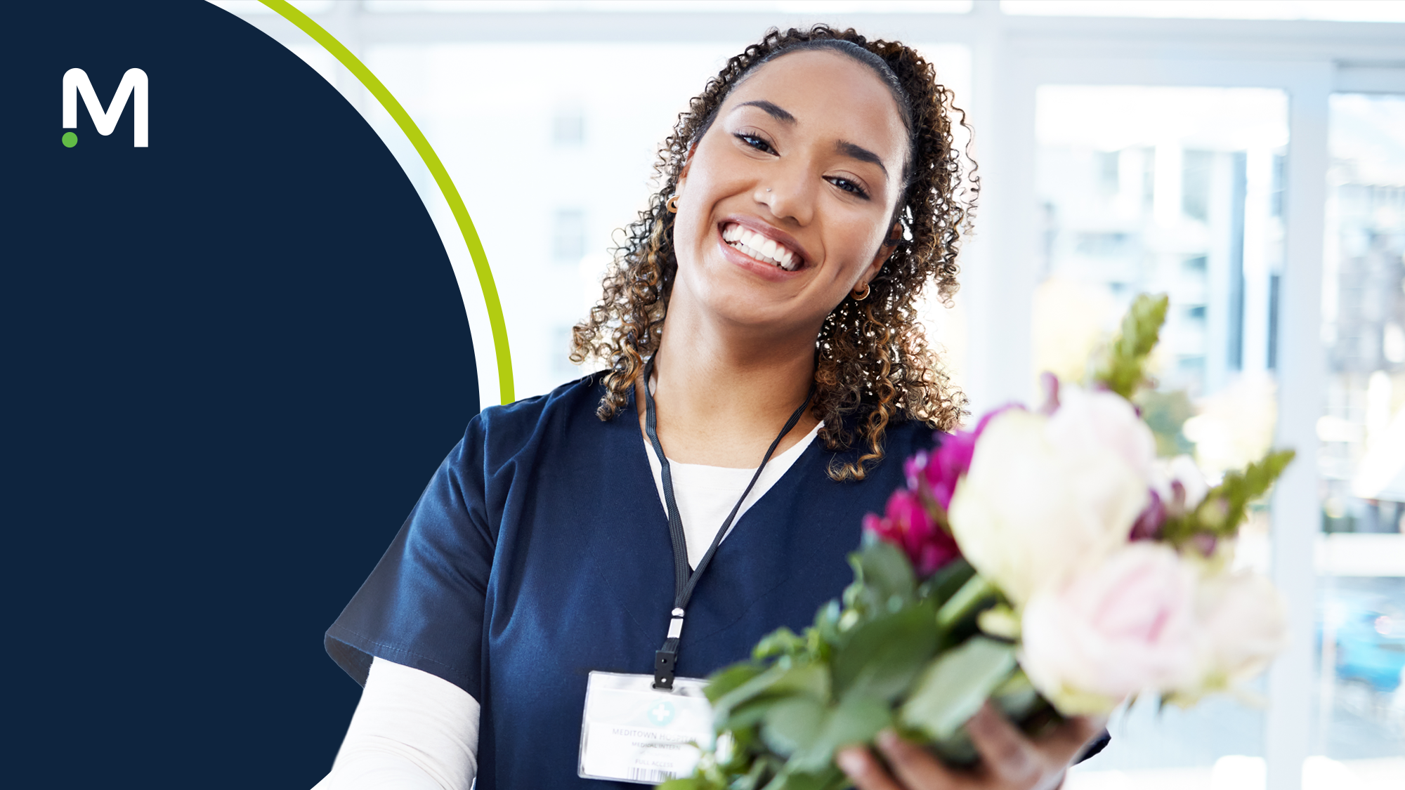 allied health week deals and discounts blog image card; allied health clinician smiling holding a bouquet of flowers