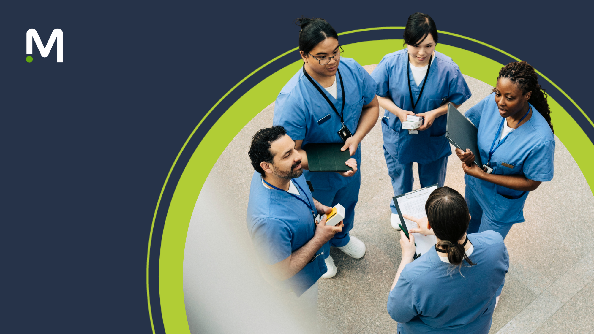 Group of clinicians in blue scrubs standing in circle planning healthcare workforce solutions