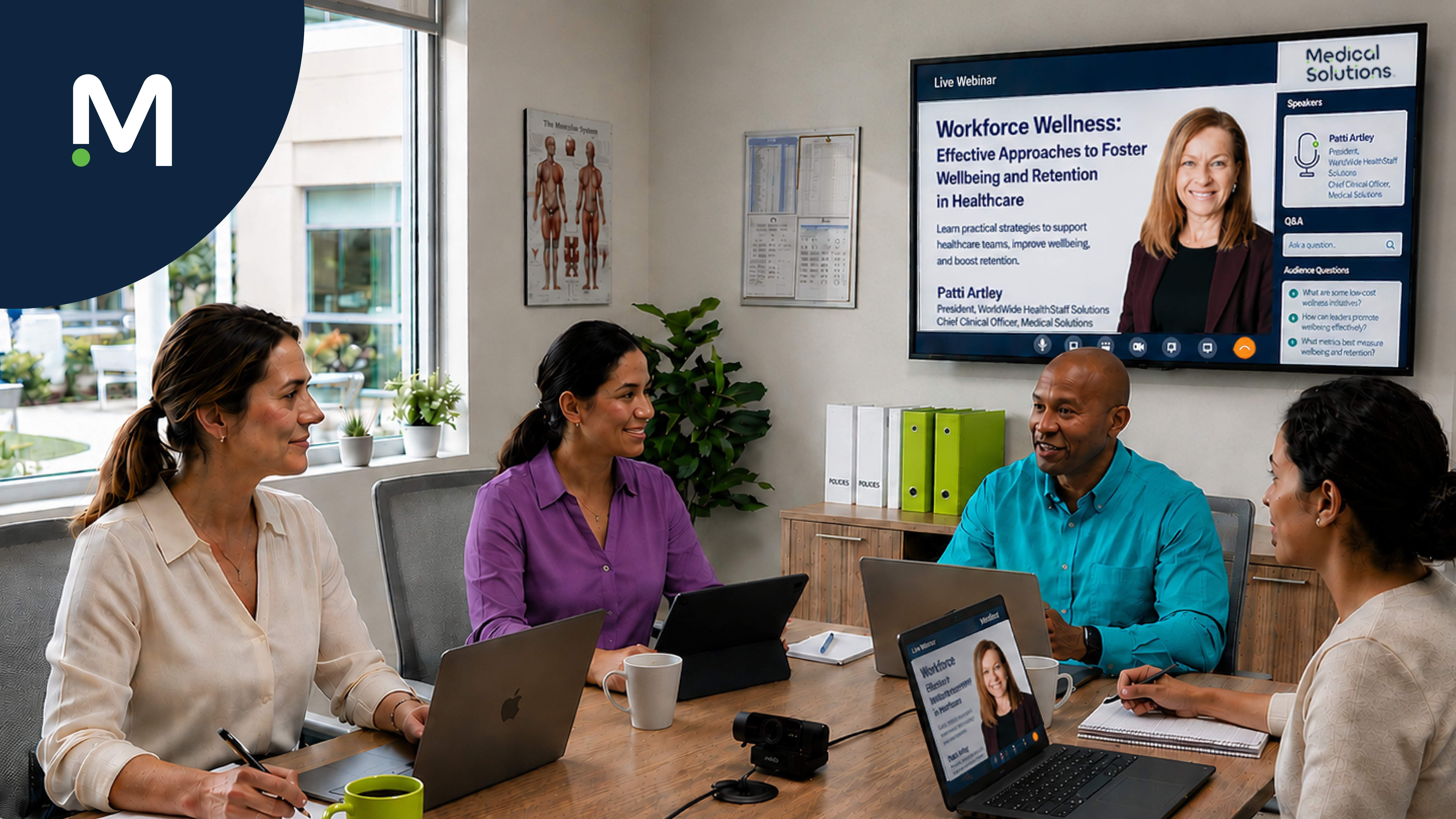 Healthcare executives sitting around a conference table watching a healthcare workforce webinar