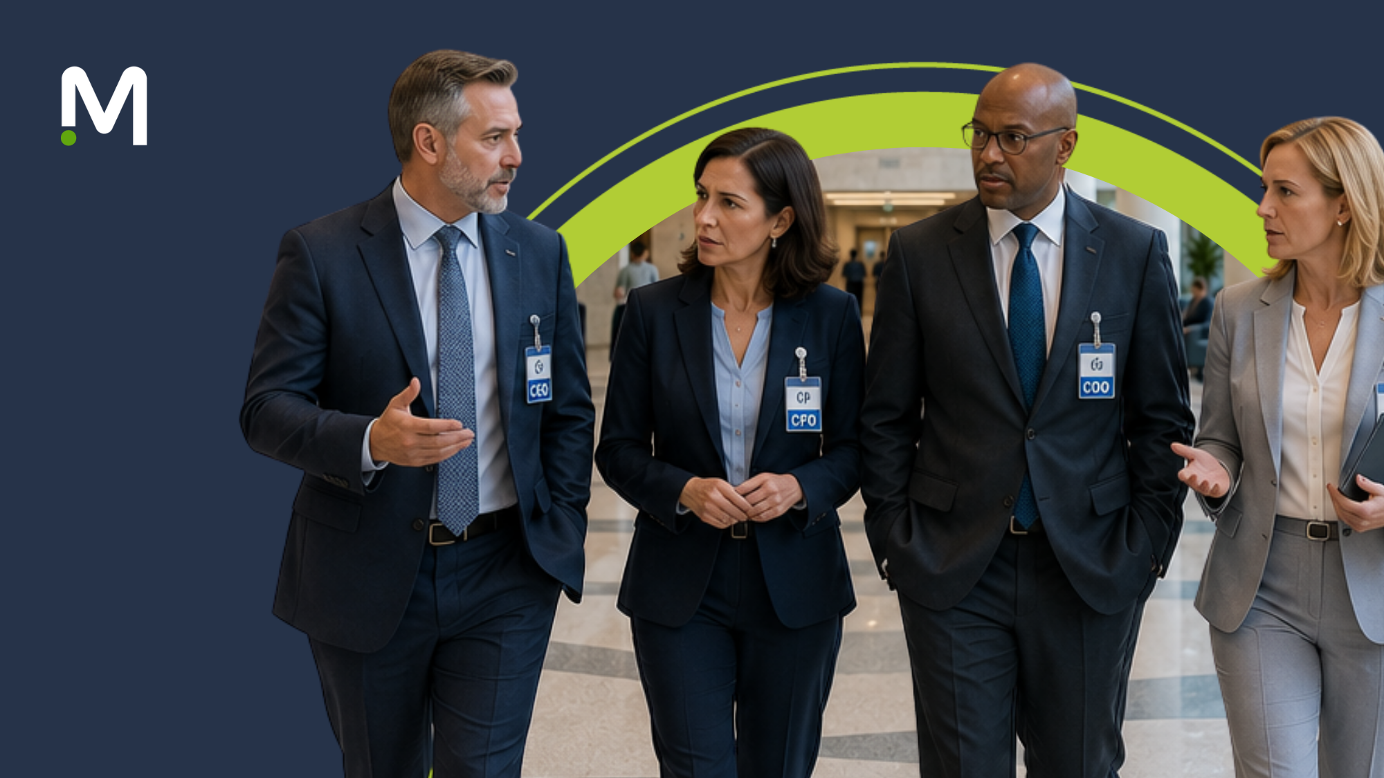 Four executive-level leaders walking and discussing healthcare workforce solutions