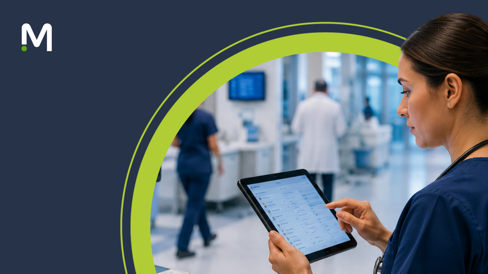 Clinician or nurse leader using a tablet in a hospital setting