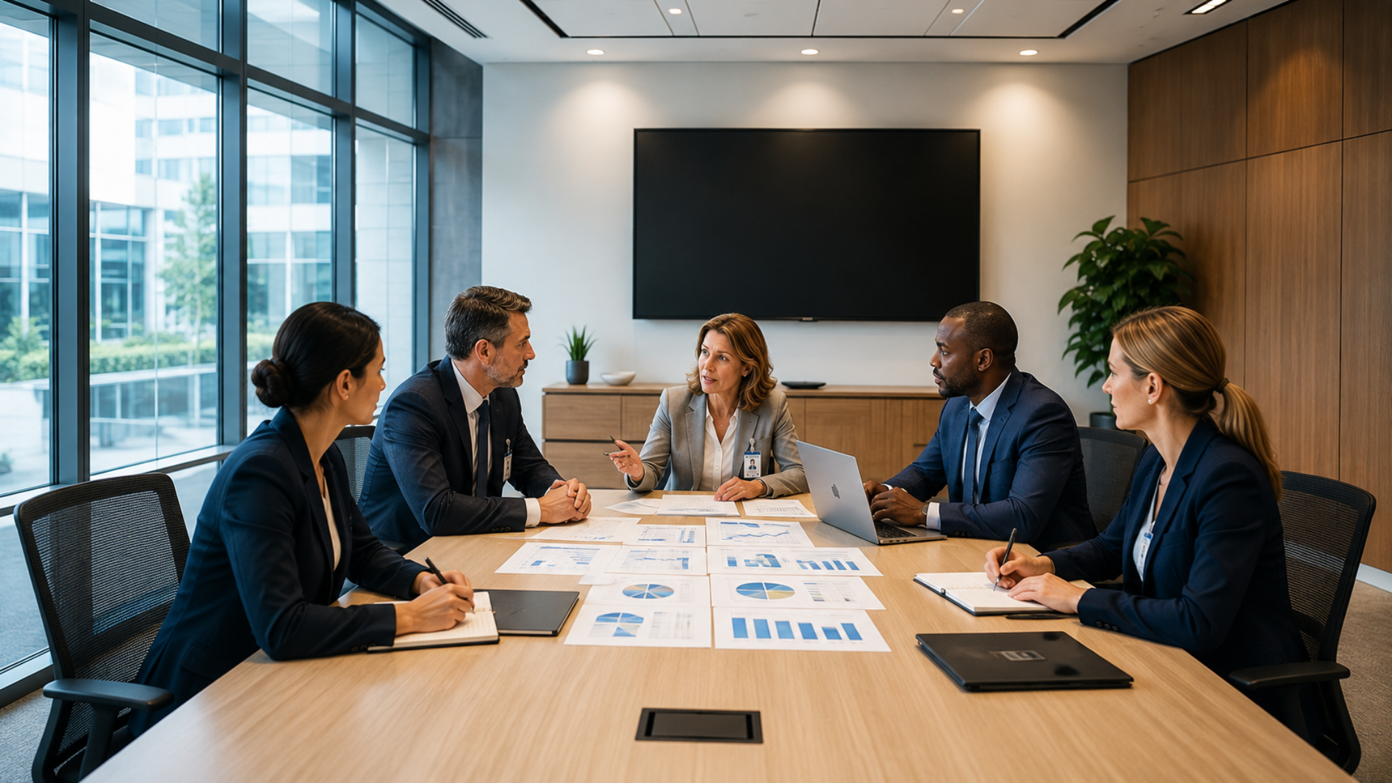 Group of executives sitting around a conference table, forecasting talent needs.