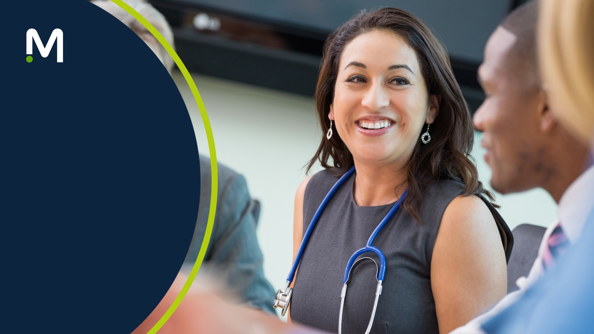 Female healthcare professional smiling and wearing a stethoscope